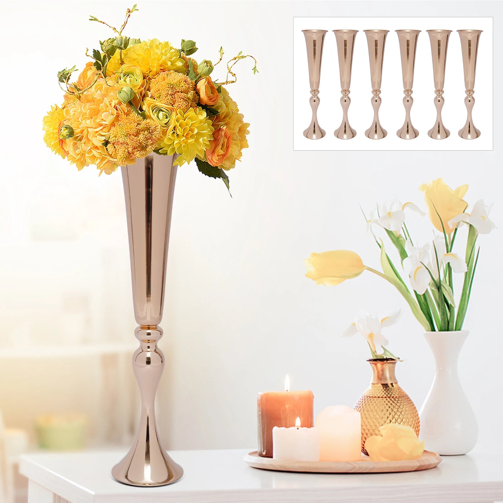 Trumpet Vases Desktop Flower Holder - 6PCS Gold Luxury Centerpiece