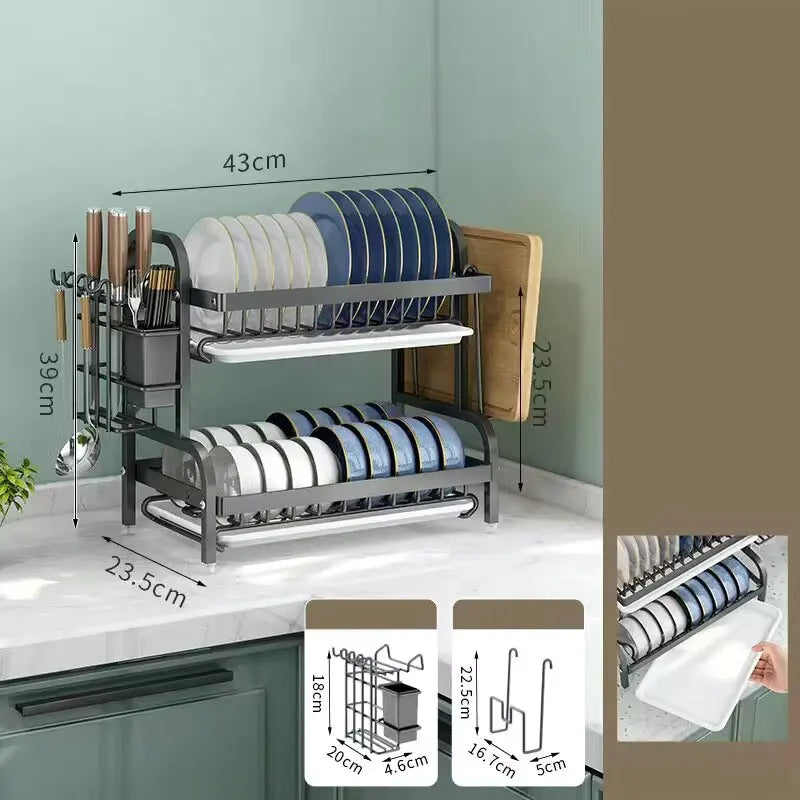 Adjustable Dish Drying Rack with Drainboard & Cutlery Holder