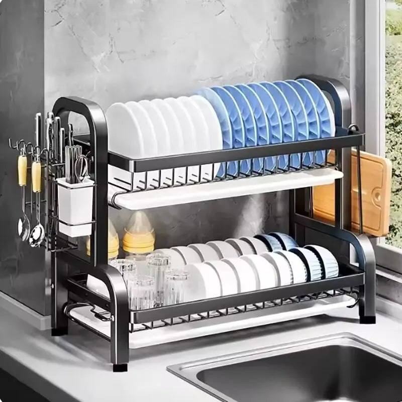 Adjustable Dish Drying Rack with Drainboard & Cutlery Holder