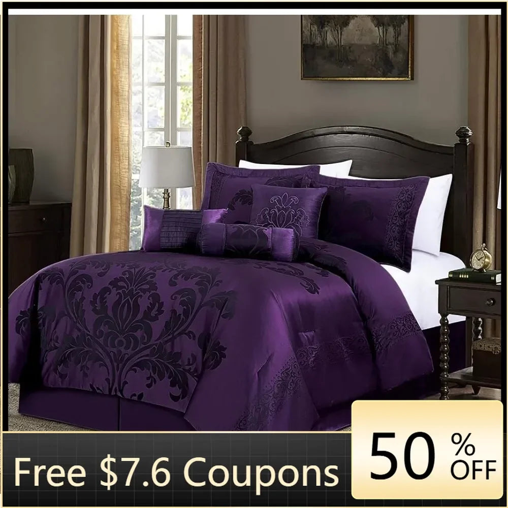 7-Piece Jacquard Floral Comforter Set (Queen, Purple)