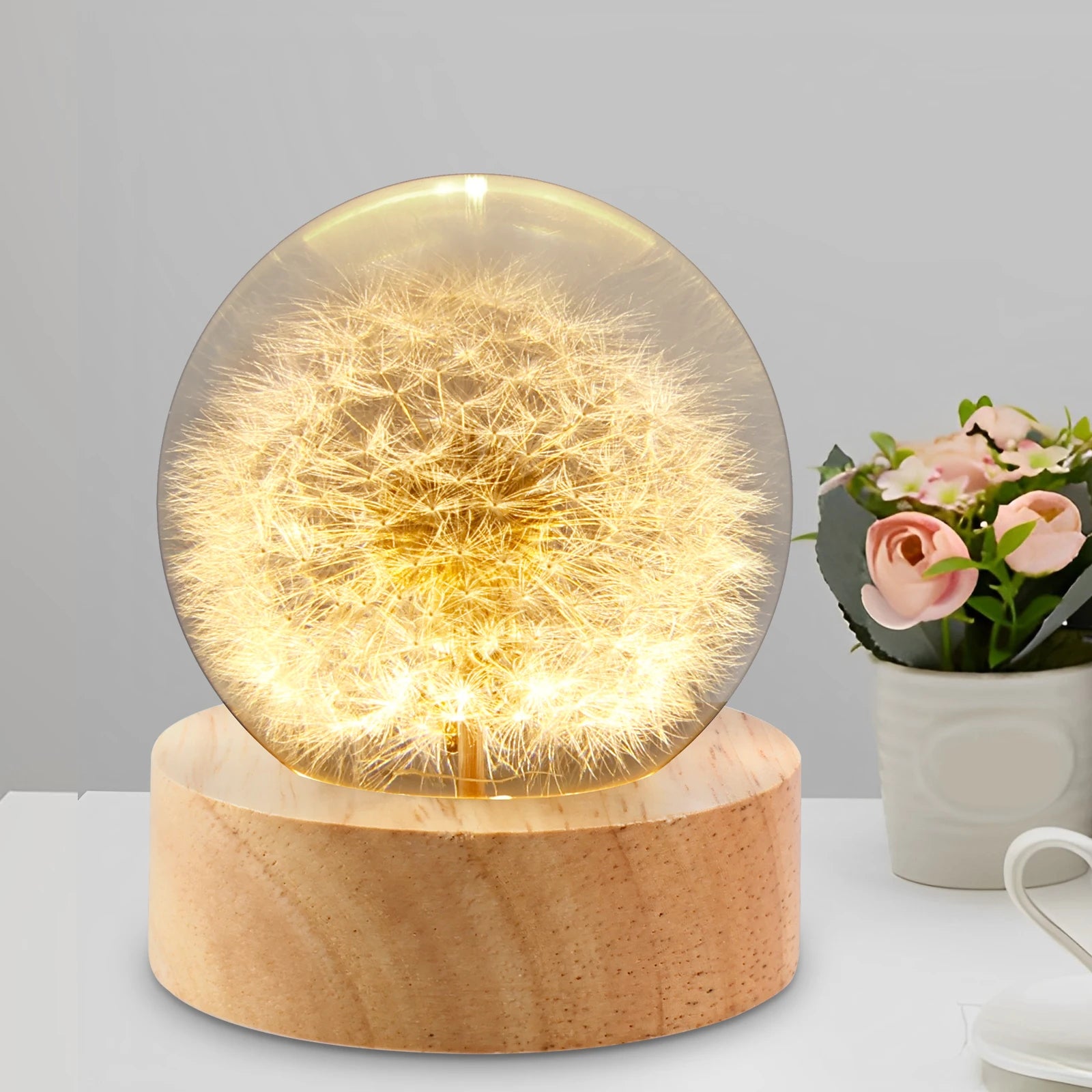 Dandelion Crystal Ball Night Lamp with Wooden Base