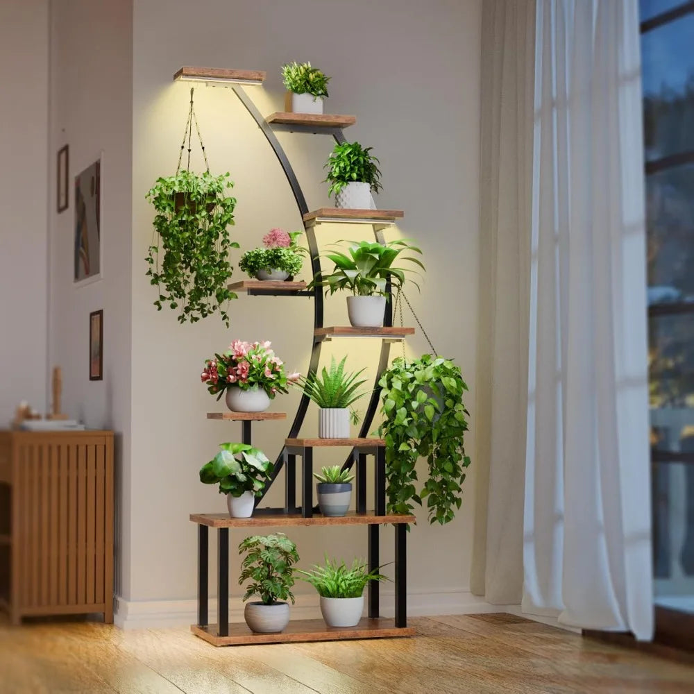 9-Tier Indoor Plant Stand with Grow Lights, 63" Tall Metal Shelf for Large Plants