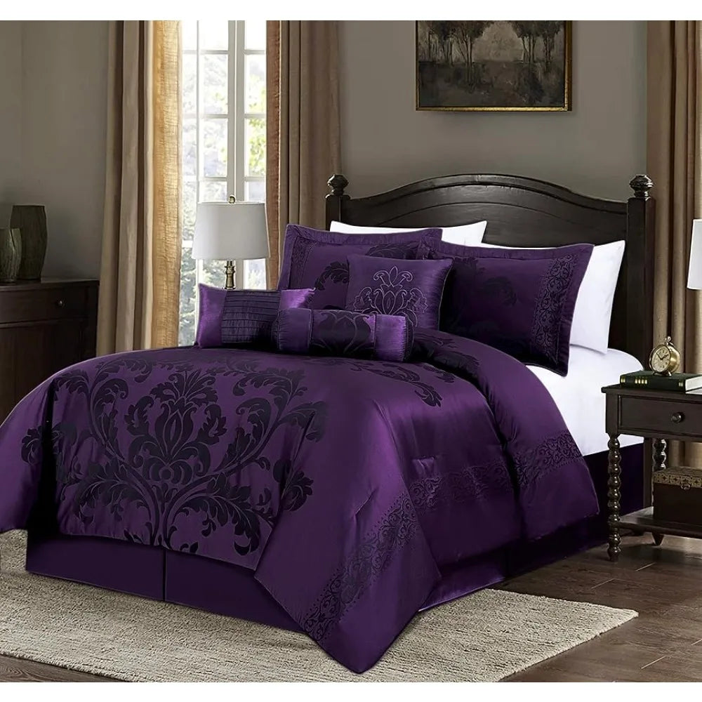 7-Piece Jacquard Floral Comforter Set (Queen, Purple)