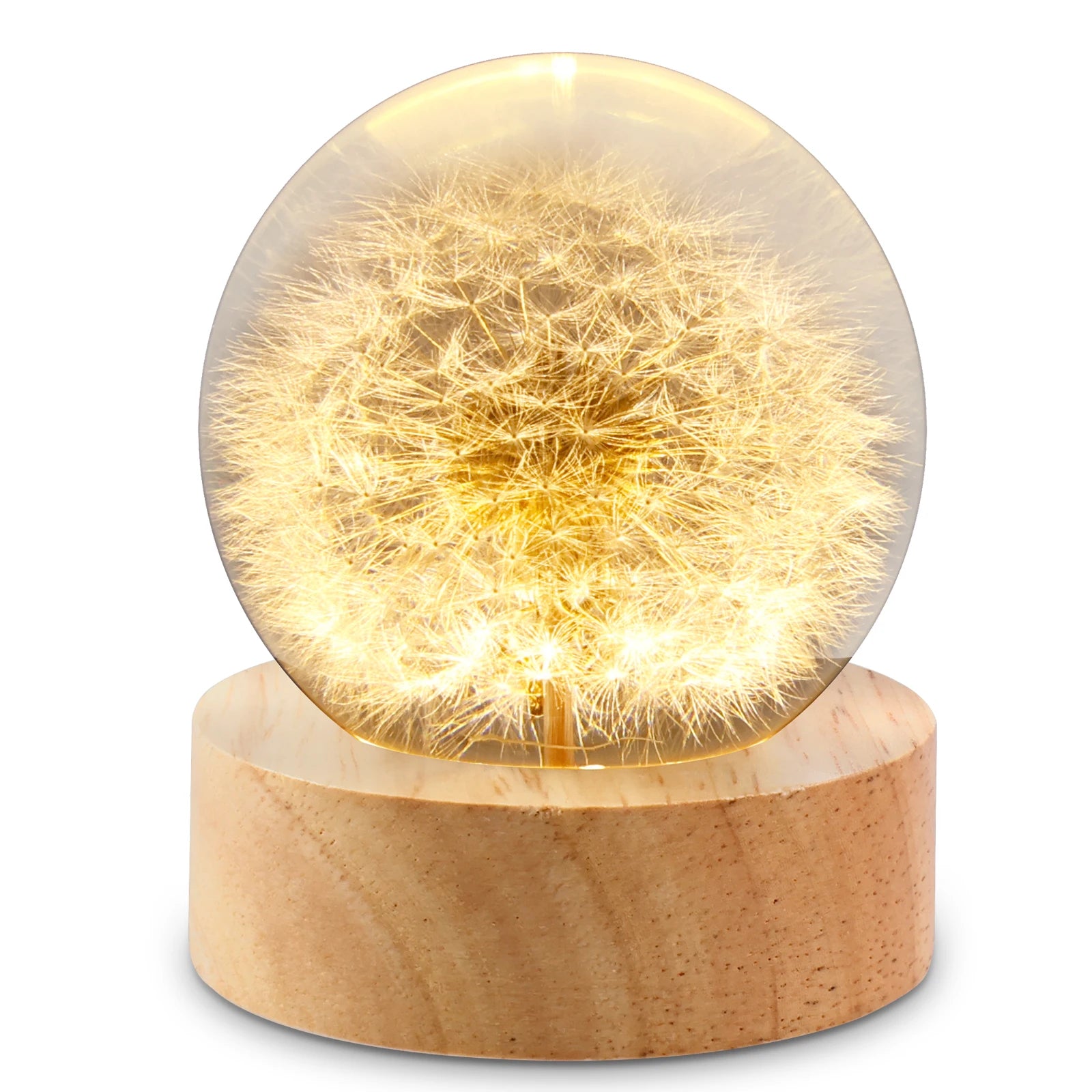 Dandelion Crystal Ball Night Lamp with Wooden Base