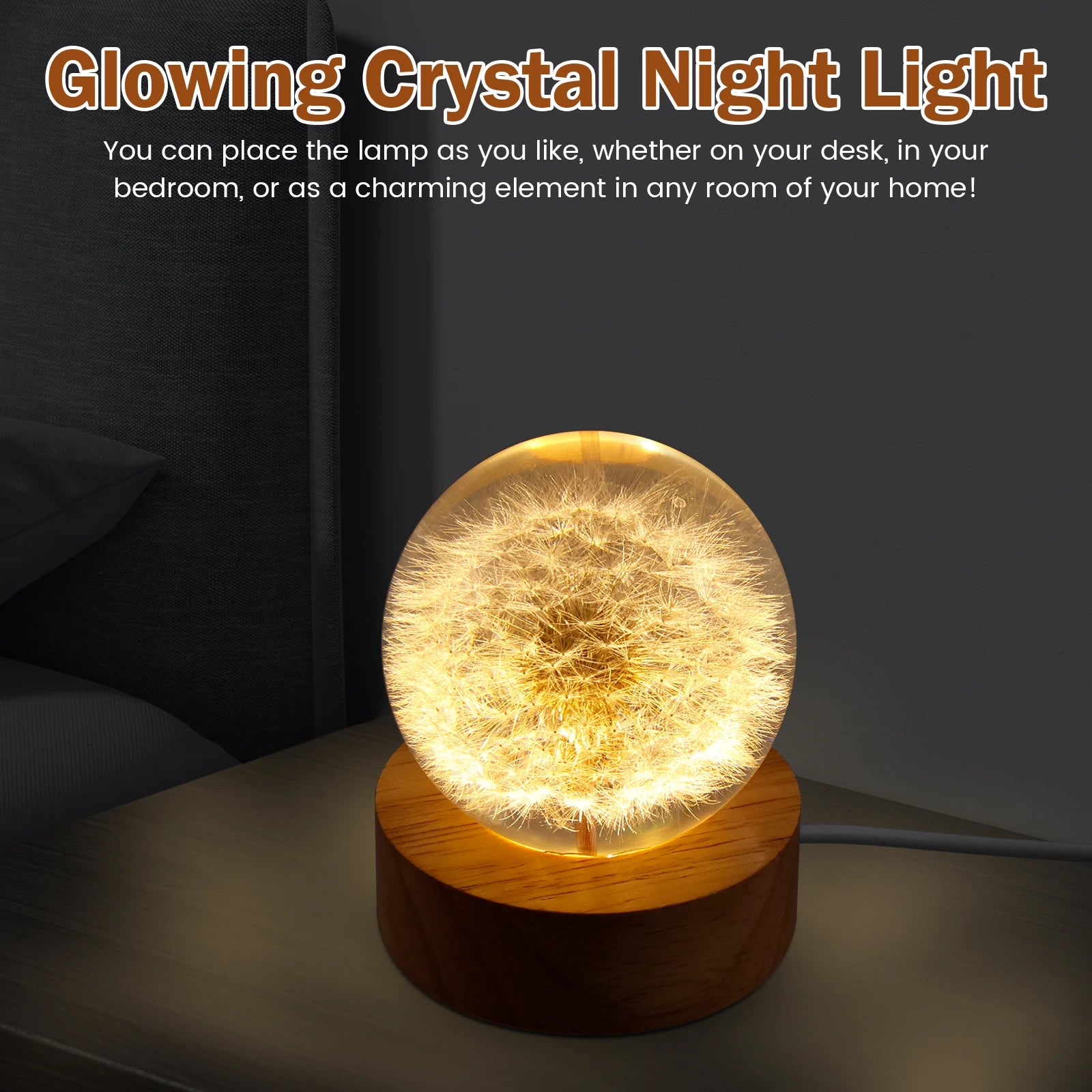 Dandelion Crystal Ball Night Lamp with Wooden Base