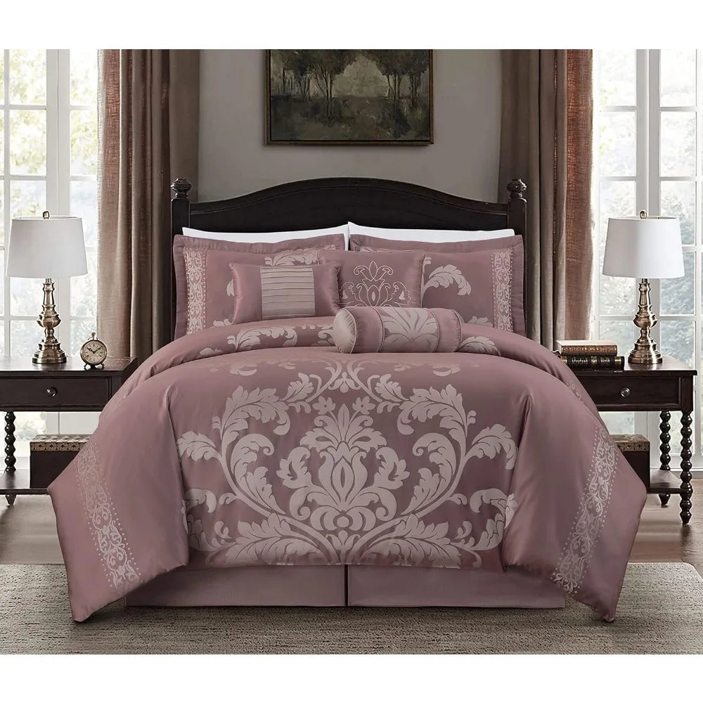 7-Piece Jacquard Floral Comforter Set (Queen, Purple)