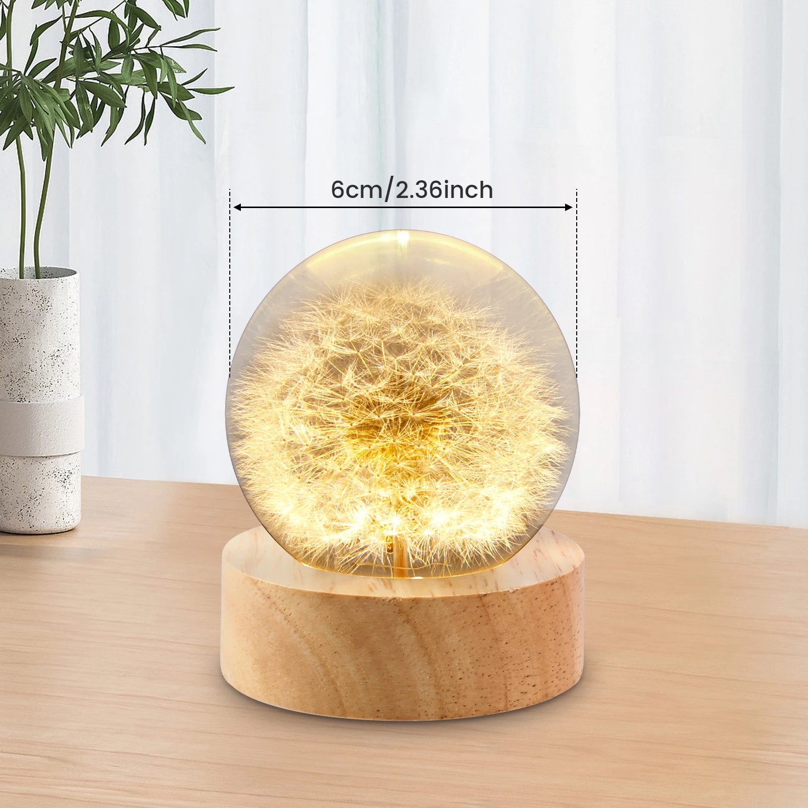 Dandelion Crystal Ball Night Lamp with Wooden Base