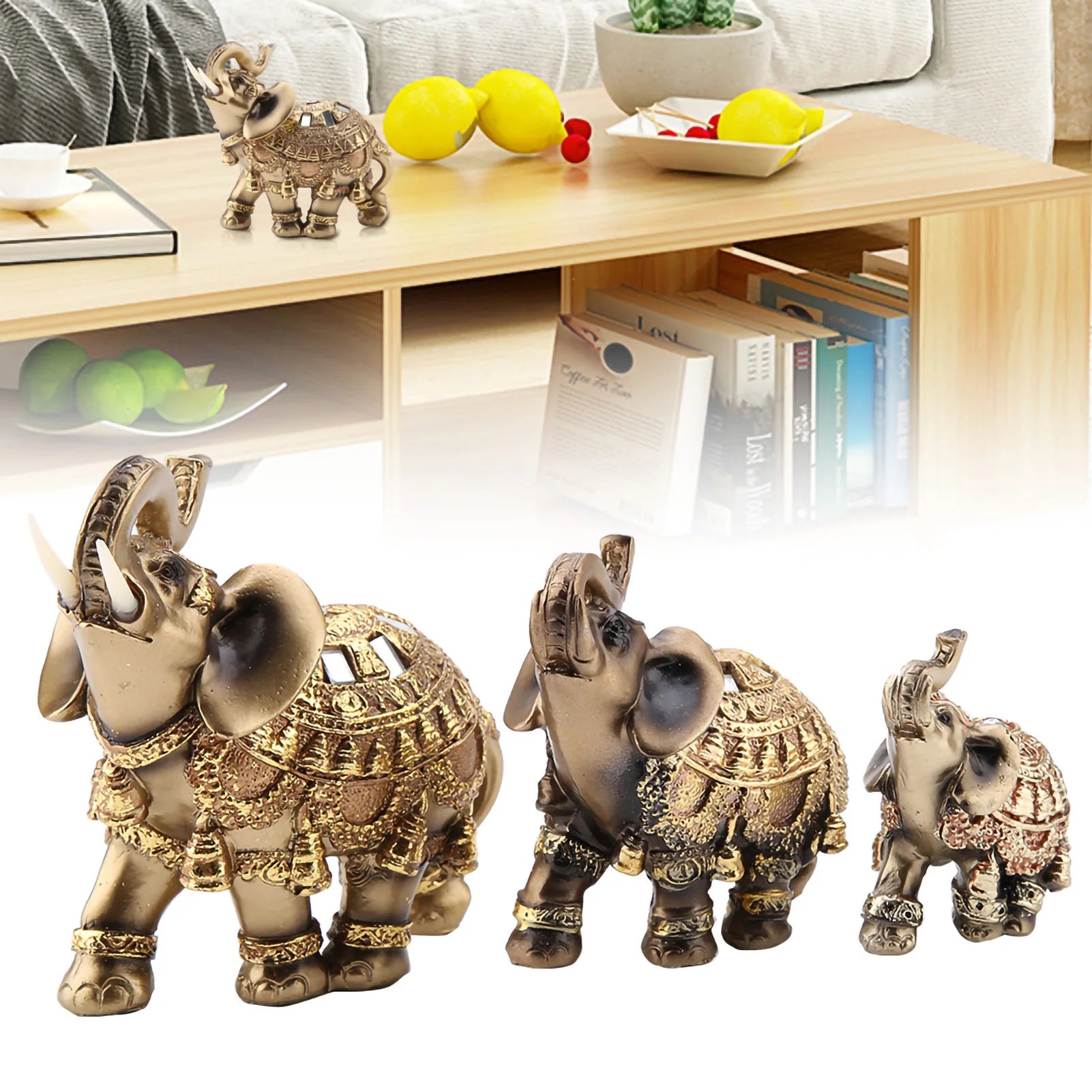 Golden Feng Shui Elephant Statue for Wealth and Luck