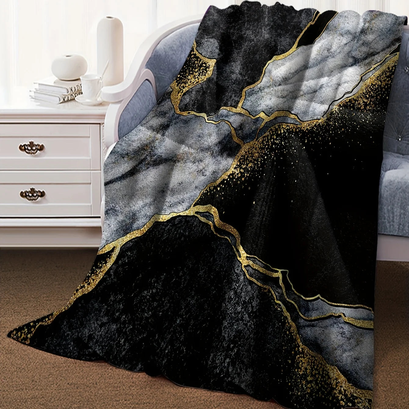 Black & Golden Yellow Marble Throw Blanket - Ultra Soft Fleece