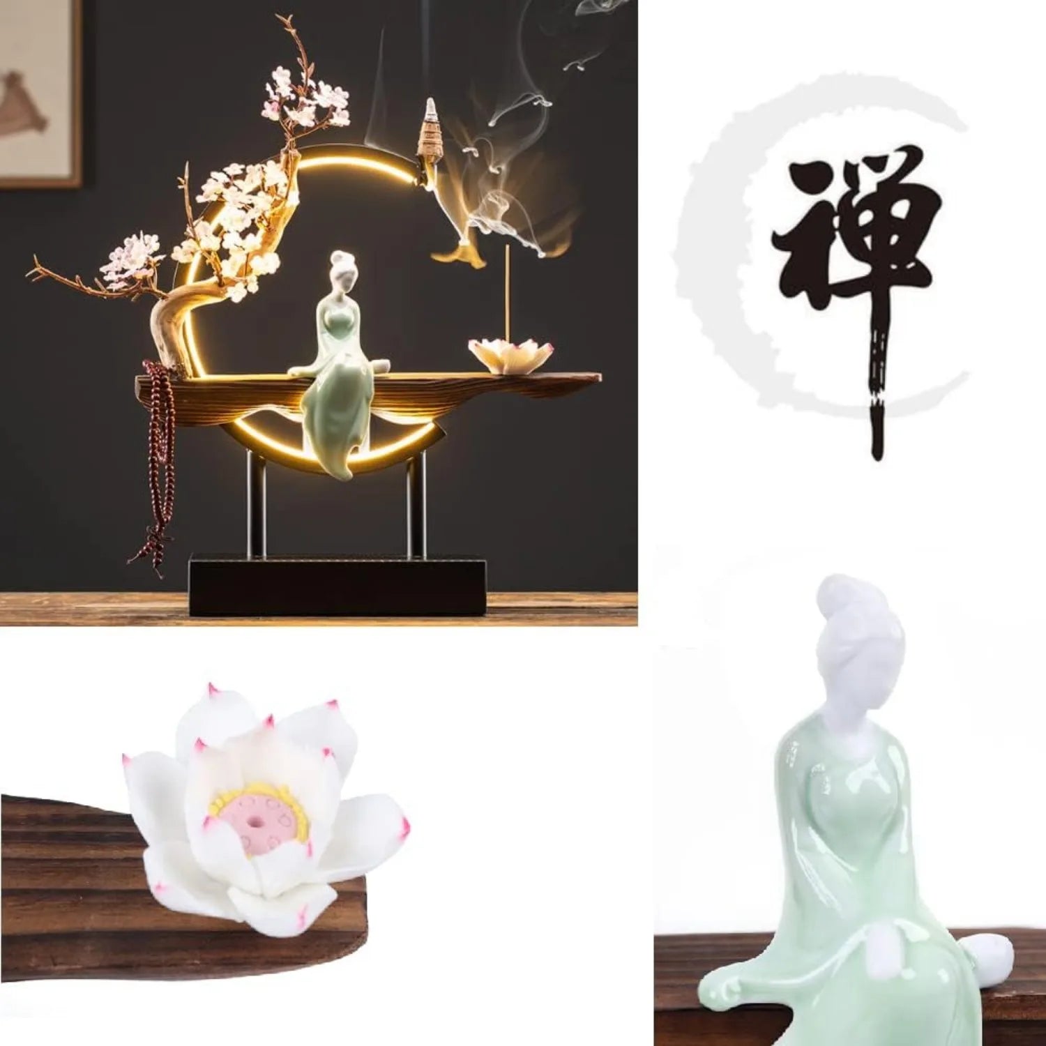 Backflow Incense Holder with LED Light – Chinese Style Ceramic Burner