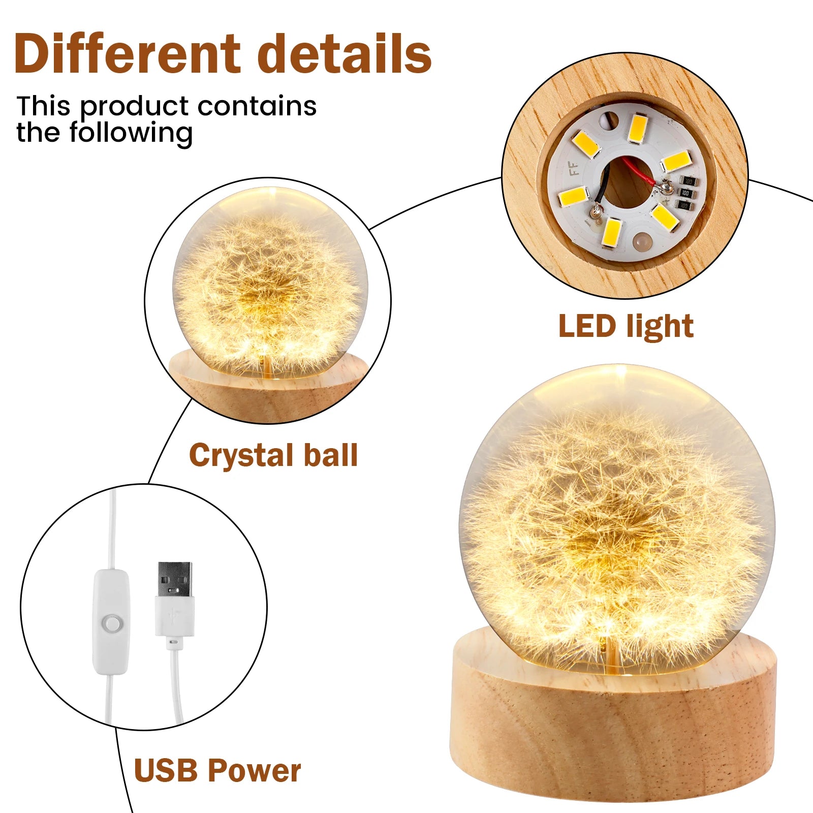 Dandelion Crystal Ball Night Lamp with Wooden Base