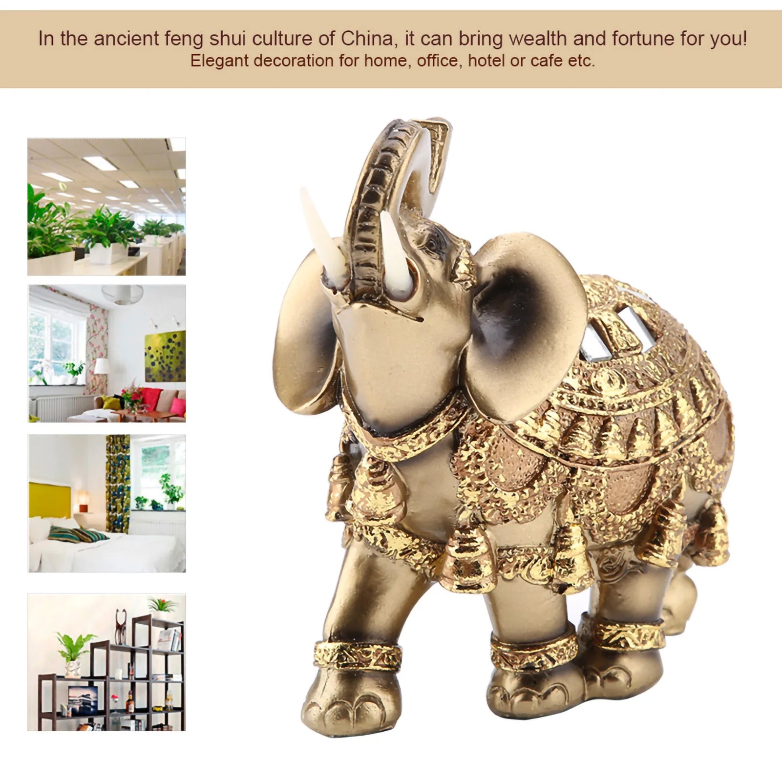 Golden Feng Shui Elephant Statue for Wealth and Luck