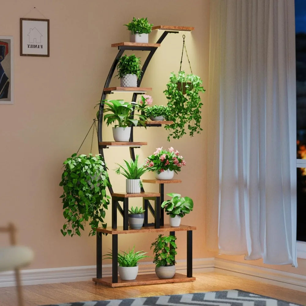 9-Tier Indoor Plant Stand with Grow Lights, 63" Tall Metal Shelf for Large Plants